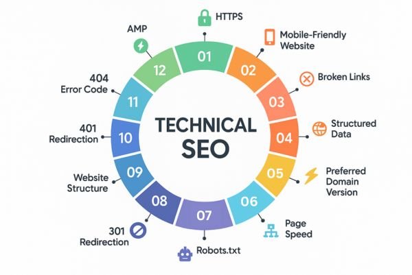 Technical SEO elements: HTTPS, mobile-friendly, redirects, robots.txt, page speed, AMP, and more.